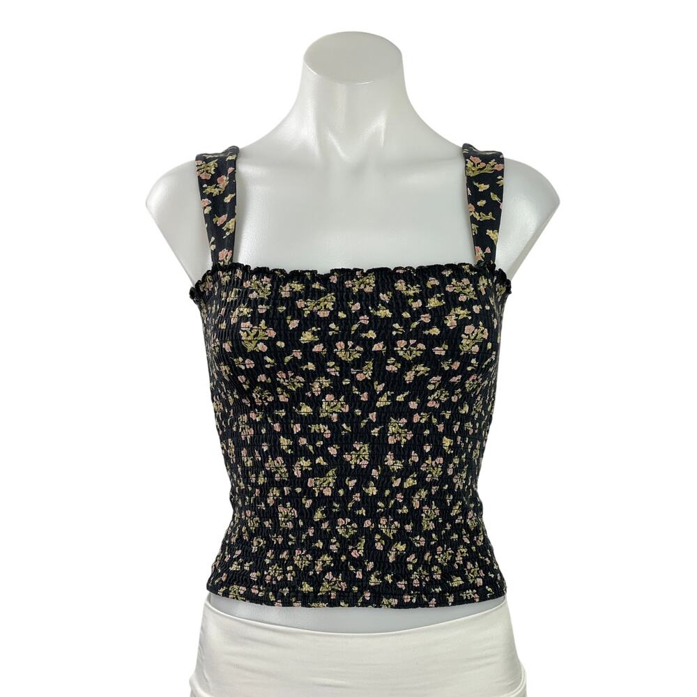 Billabong Womens Black Floral Sleeveless Square Neck Smocked Crop Tank Top Sz S